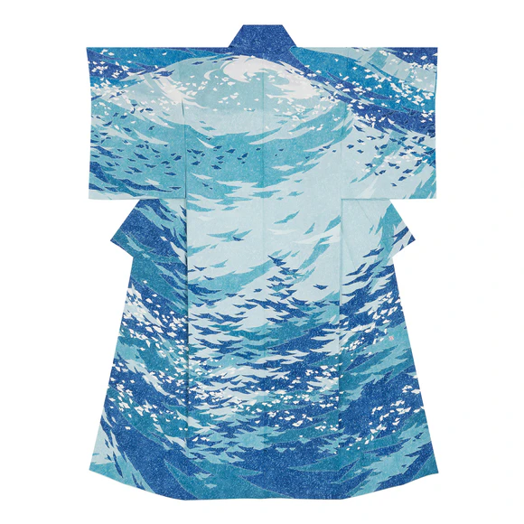 Formal kimono with design in yūzen dyeing. “Looking at the sky”