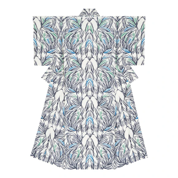 Kimono with design in stencil-resist picture dyeing. “Wind”