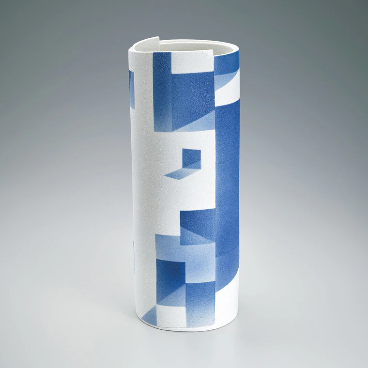 photo Vessel in Shape of Paper Tube with Design in Underglaze Blue “Traces of Dream”