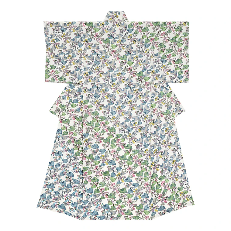 photo Kimono with Design in Stencil-resist Picture Dyeing “Buerger Raspberry in Forest”