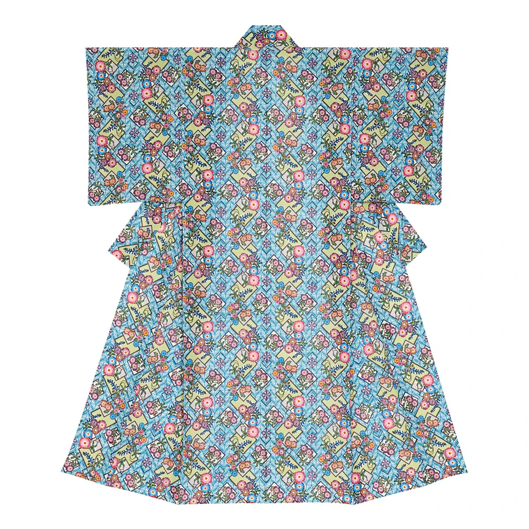 photo Kimono with Design in Bingata “Hanaashirai・Stencil Resist Dyeing with Hazy Effects”