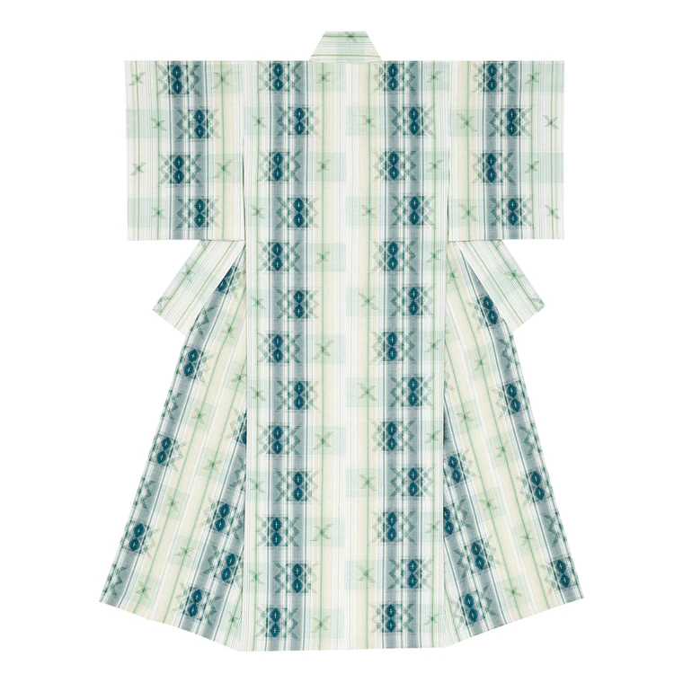 photo Kimono of Tsumugi with Kasuri “Sunshine Filtering Through Foliage”
