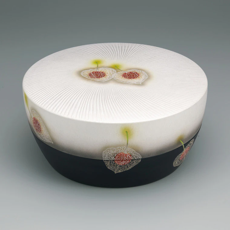 photo Covered Bowl with Japanese Bladder Cherry Design in Silver and Overglaze Enamel