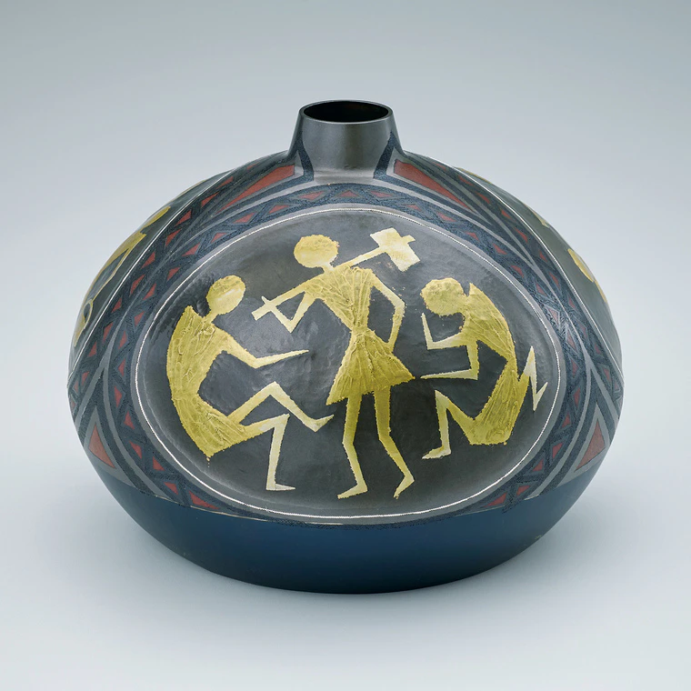 photo Flower Vessel of Rōgin and Shakudo Joined by Heat Welding Method with Warli Design in Layered Damascene Inlay “Workings of the Earth”