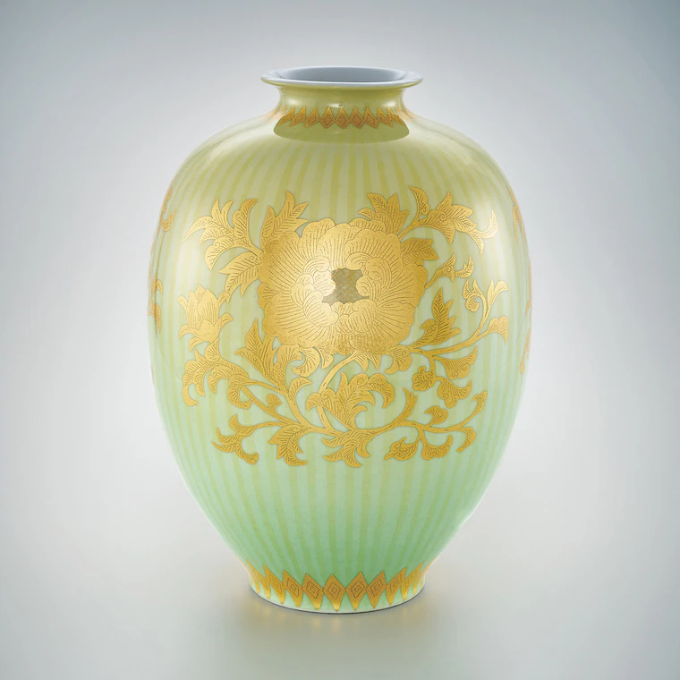 photo Flower Vessel with Peony Scroll Design in Underglaze Gold