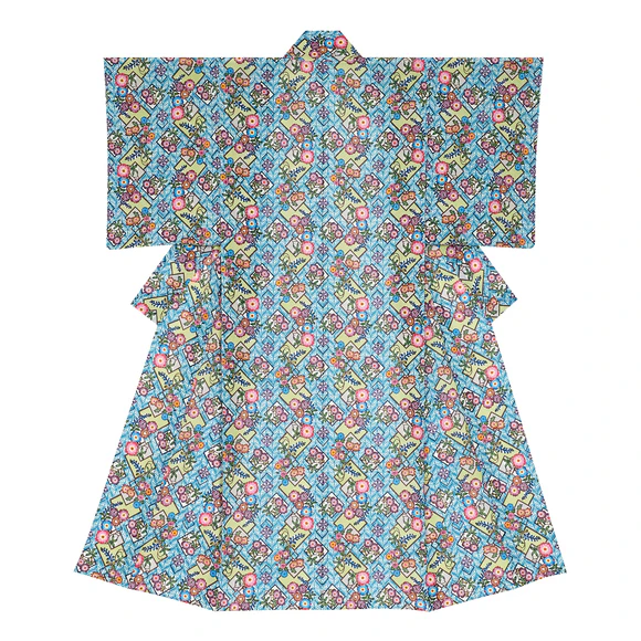 Kimono with Design in Bingata “Hanaashirai・Stencil Resist Dyeing with Hazy Effects”