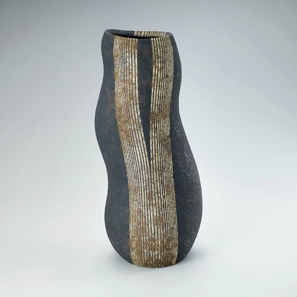 Flower Vessel with Colored Slip Line Design