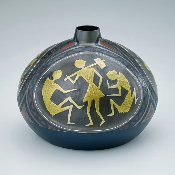 Flower Vessel of Rōgin and Shakudo Joined by Heat Welding Method with Warli Design in Layered Damascene Inlay “Workings of the Earth”