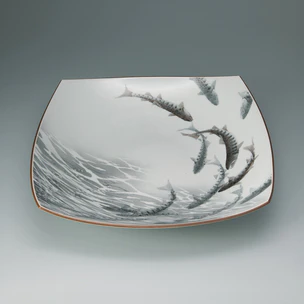 Large Square Bowl with Fish Design in Colored Glaze and Overglaze Enamel