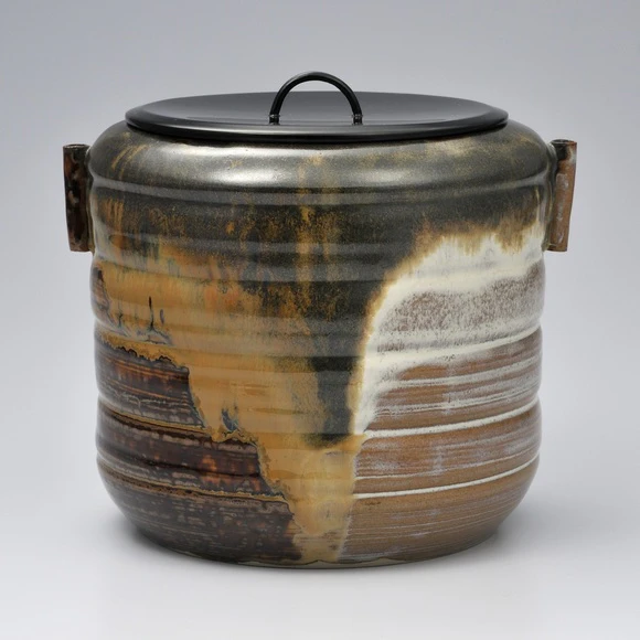 Takatori Tea Ceremony Fresh Water Jar with Handles and Glaze in Kakewake Style