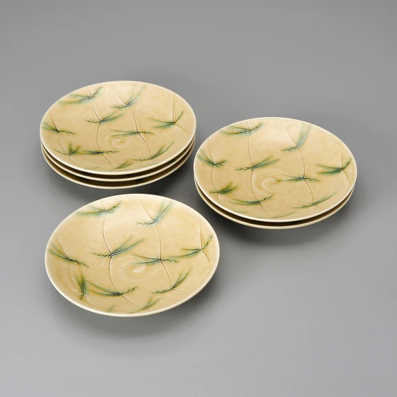 Set of Plates with Yellow Glaze and Grass Design