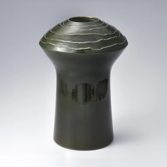 Flower Vase with Green Glaze and Engraved Line Design
