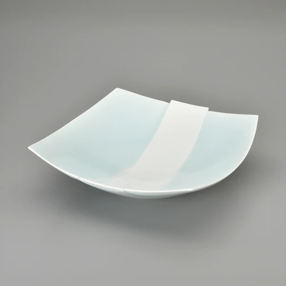 Square Bowl with Celadon Glaze and Blurred White Decoration