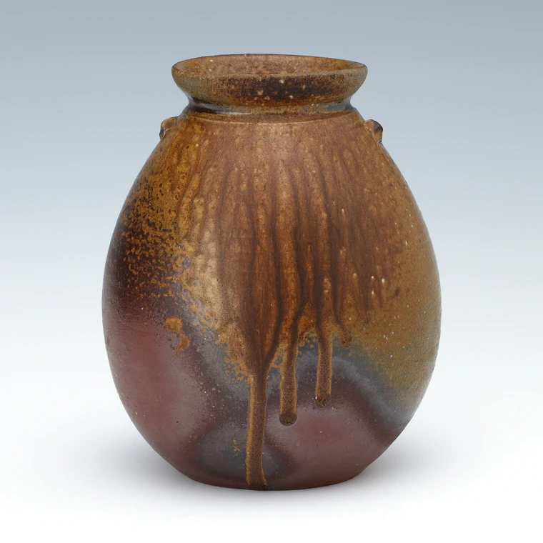 photo Bizen Flattened Jar with Running Ash Glaze