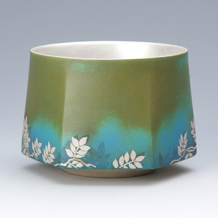 photo Tea Bowl with Design of Scene Under the Moon in Silver and Overglaze Enamel