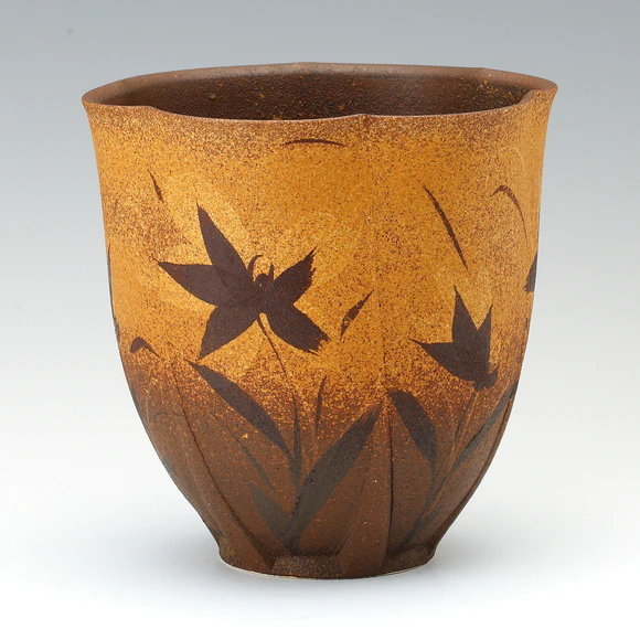 安田律子作　植物模様のグレー陶器花瓶 呉須花文壷(安田 律子)｜ギャラリージャパン