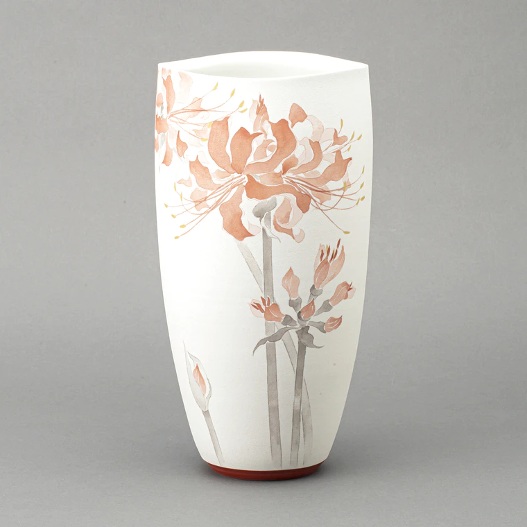 photo Flower Vessel with Red Spider Lily Design in Overglaze Red and Black Enamel