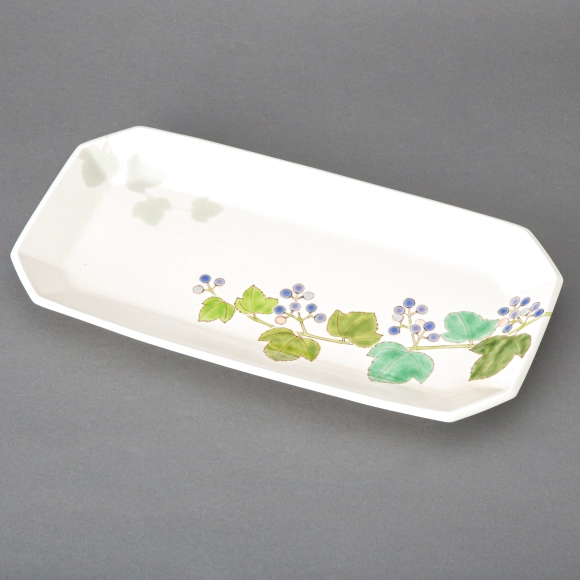 Oblong Dish with Wild Grape Design in Overglaze Enamel
