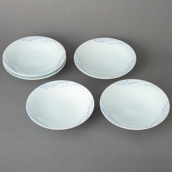 Set of Pale Blue Porcelain Bowls with Overglaze and Underglaze Decoration