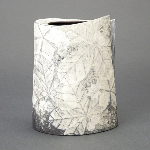 Flower Vessel with White Slip Decoration Leaves, Plants, Flowers