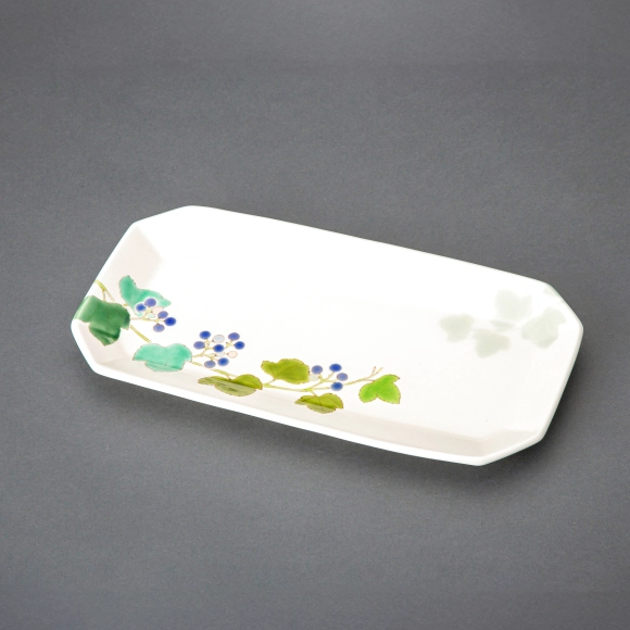 Oblong Dish with Wild Grape Design in Overglaze Enamel