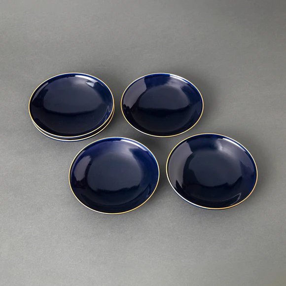 Set of Cobalt Blue Glazed Bowls with Yellow Rims New Moon