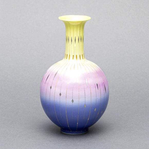 Crane-Neck Flower Vase with Design in Kirikane and Underglaze Enamel