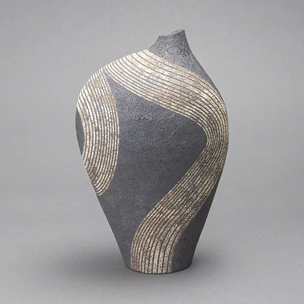 Flower Vessel with Line Design in Colored Slip
