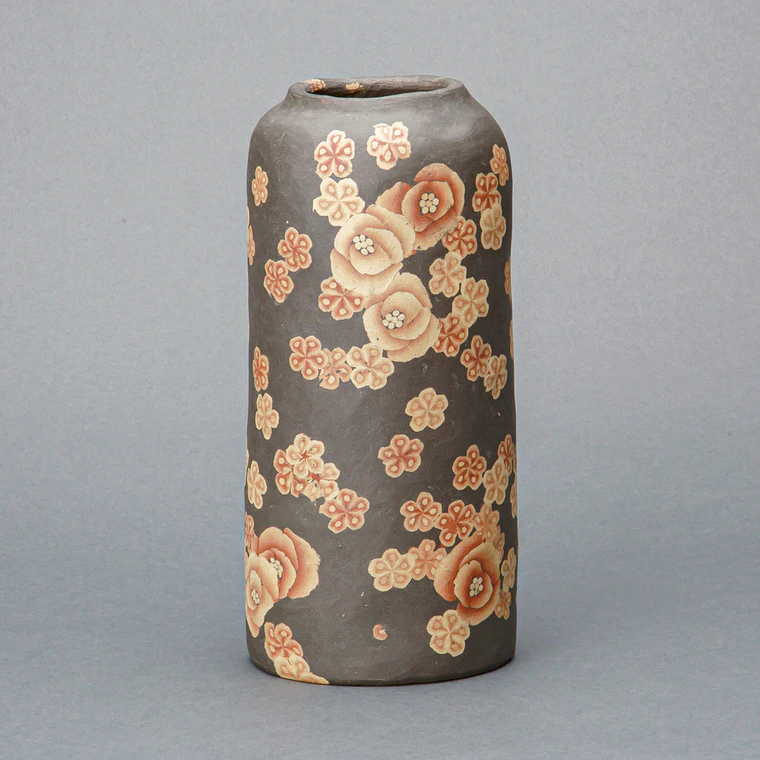 photo Mumyōi Cylindrical Flower Vase with Marbled Design and Flower Pattern