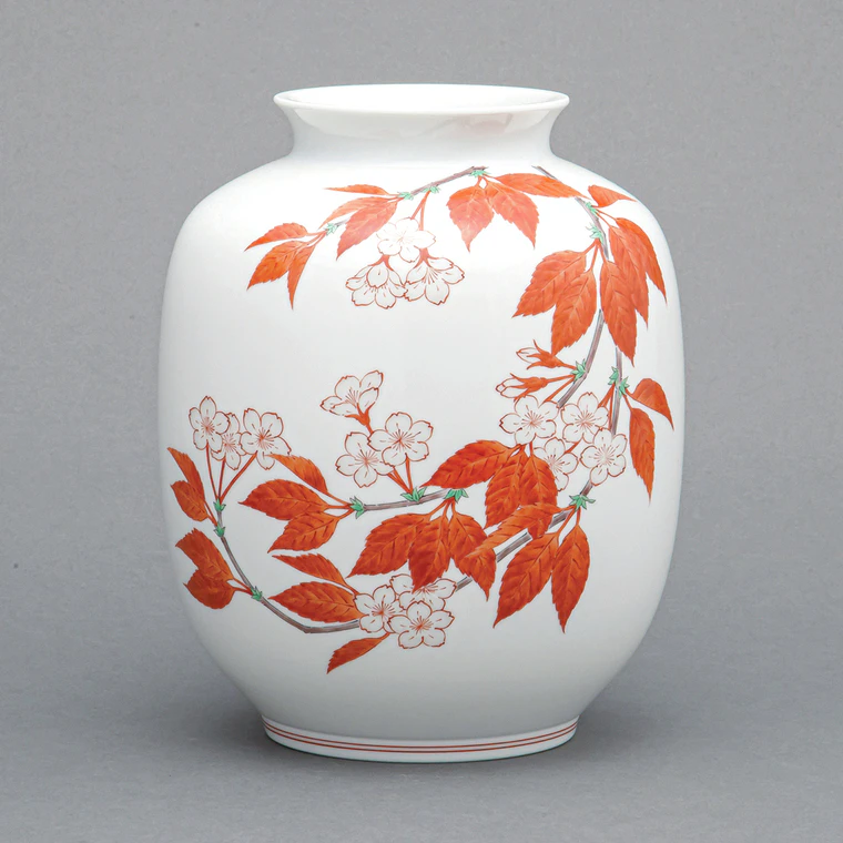 photo Flower Vase with Cherry Blossom Design on Milky White Background