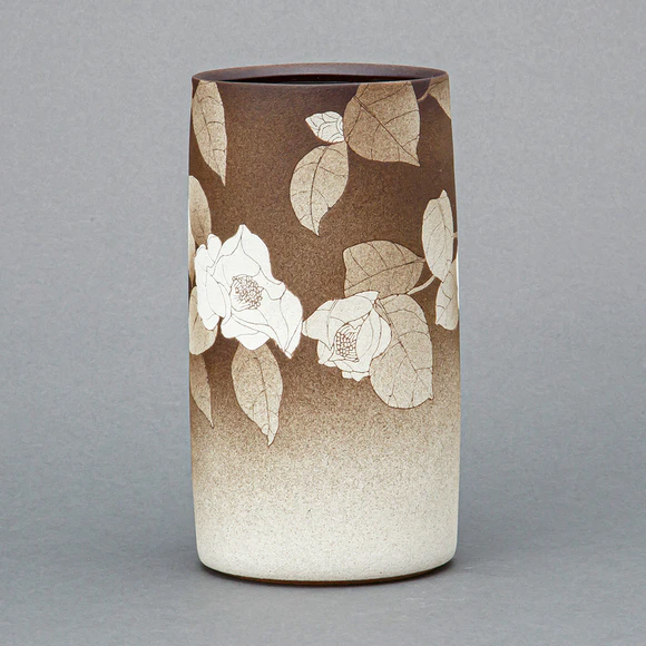 Flower Vase with Sgraffito and White Camellia Design