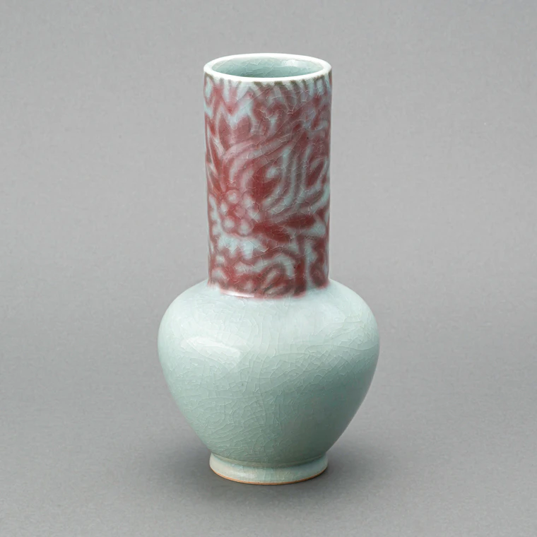 photo Celadon Jar with Stencil Resist Picture Dyeing "Pomegranate"