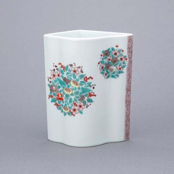 Flower Vase with Seasonal Flowers Design in Overglaze Enamel, Snowflake Sekka, Sprayed Underglaze Black Ink and Sumi-hajiki