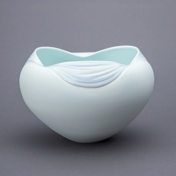 White Porcelain Flower Vessel with Pale Blue Glaze and Stream Design