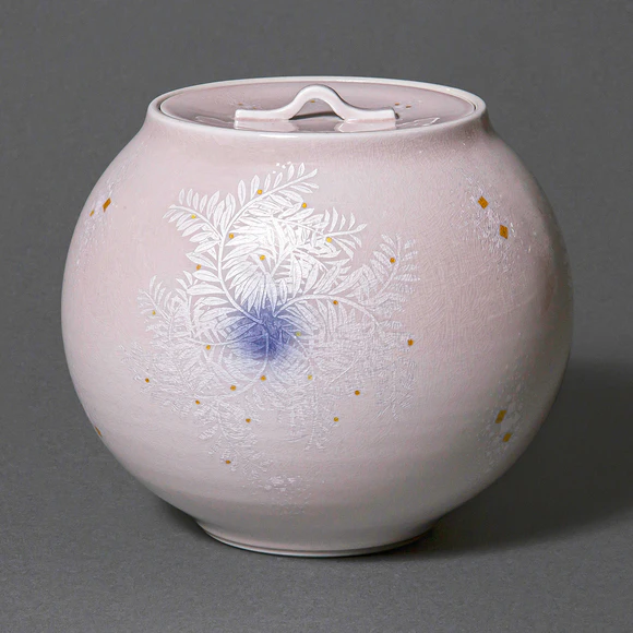 Fresh Water Jar with Pale Pink Glaze and Grass Design in Underglaze Silver
