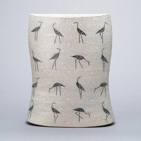 Flat Jar with Salt Glaze Birds