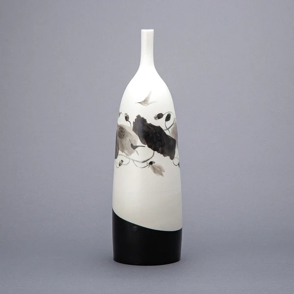 Jar with Bird and Flower Design in Black Painting
