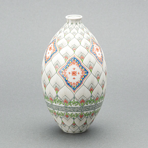 High-fired Flower Vessel with Overglaze Enamel and Green Underglaze