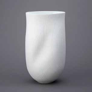 White Porcelain Flower Vase with Line Drawing Design