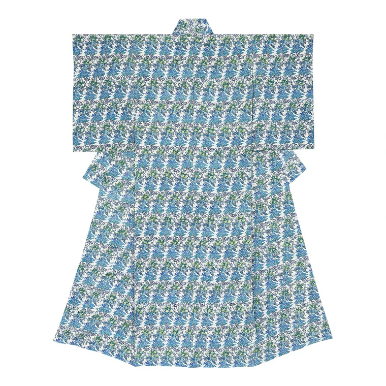 photo Kimono with design in indigo stencil resist dyeing "Japanese honeysuckle"