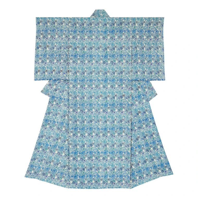 photo Kimono with Design in Indigo Stencil Resist Dyeing "Rosemary Hill"