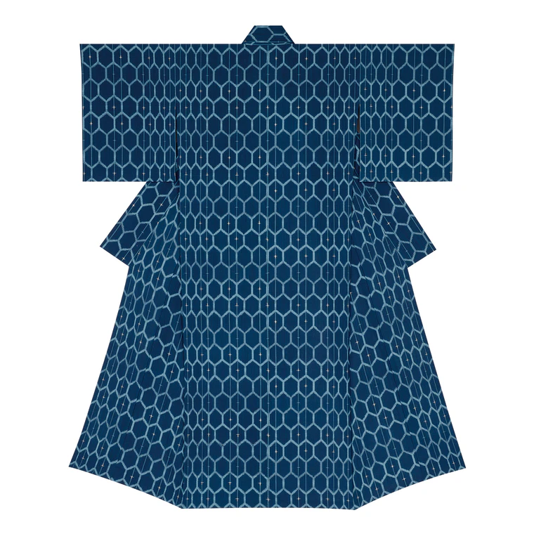 photo Kimono of Kurume Kasuri "Hexagonal Patterns and Links"