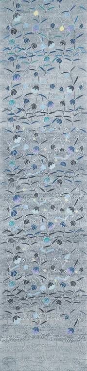 photo Obi Sash with Design in Stencil Resist Dyeing with Hazy Effects "Midnight Garden"