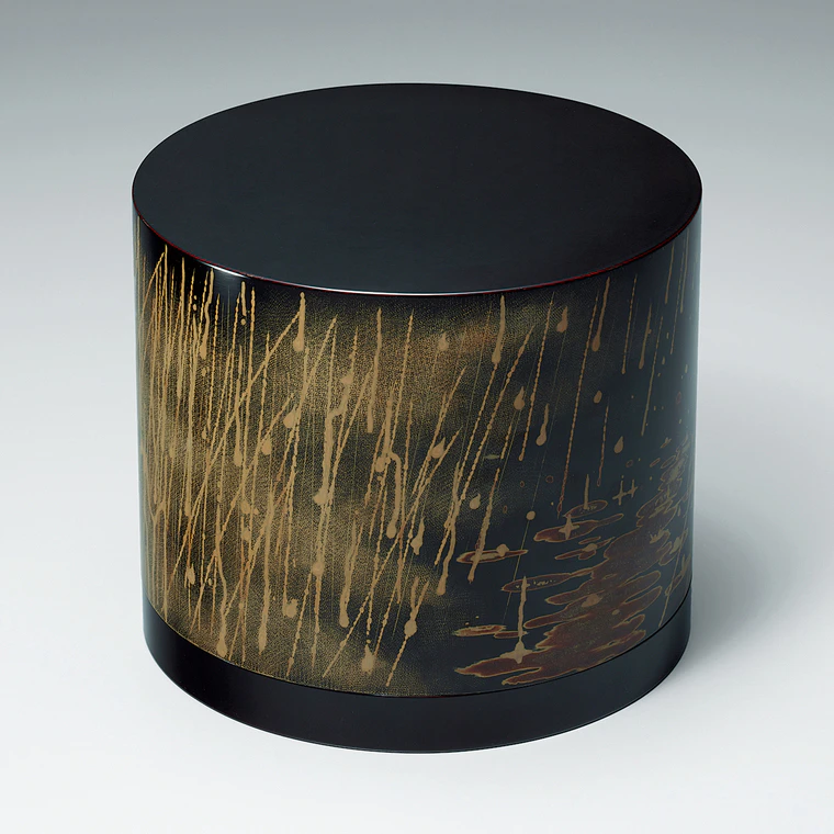photo Covered Box of Rantai (Woven Bamboo Base) with Design in Kinma " "Long Spell of Rain"