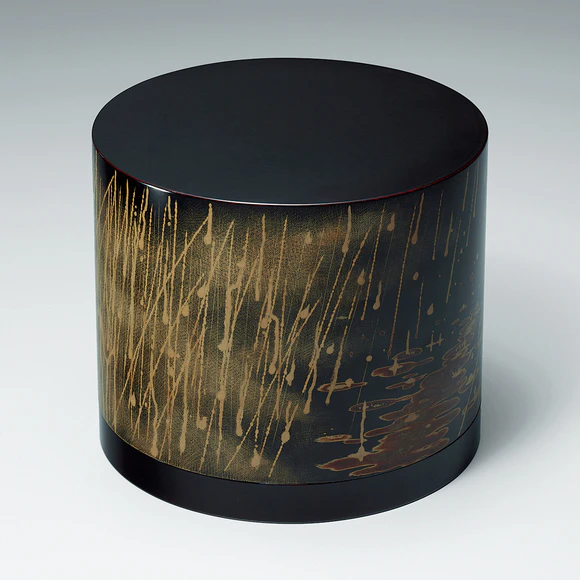 Covered Box of Rantai (Woven Bamboo Base) with Design in Kinma " "Long Spell of Rain"