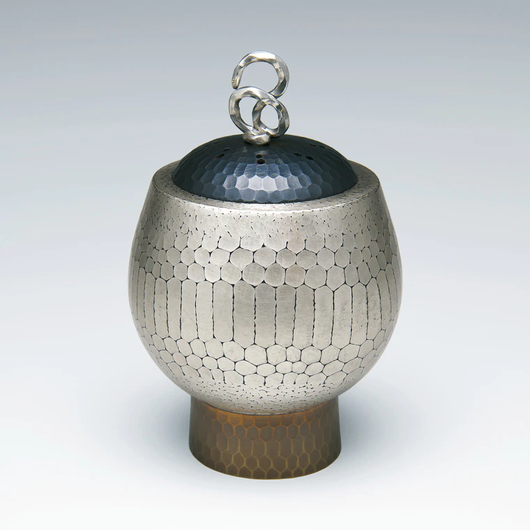 photo Forged Incense Burner with Janome-tsuchime (Bullseye Hammered) Design "Mi no Koku (Hour of the Snake)"