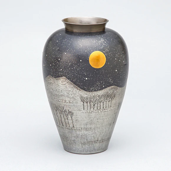 Hammer Worked Copper Flower Vase with Tin and Gold Decoration “Edge of Snow”