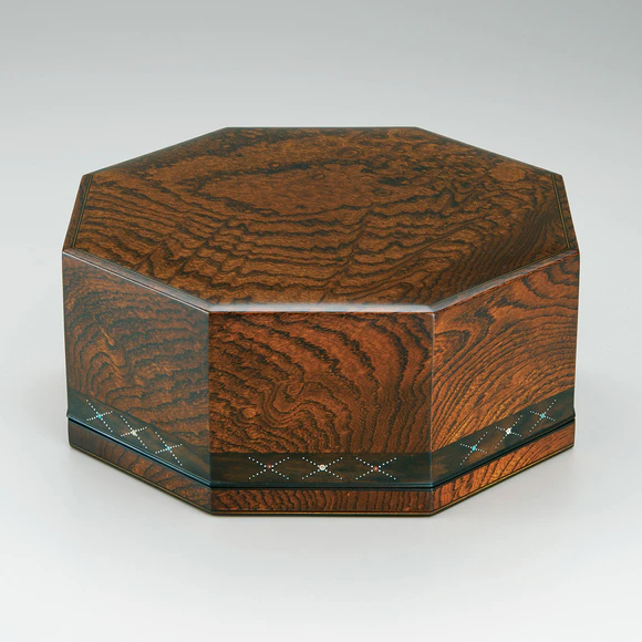 Octagonal Box of Zelkova Wood with Inlay Finished in Wiped Urushi
