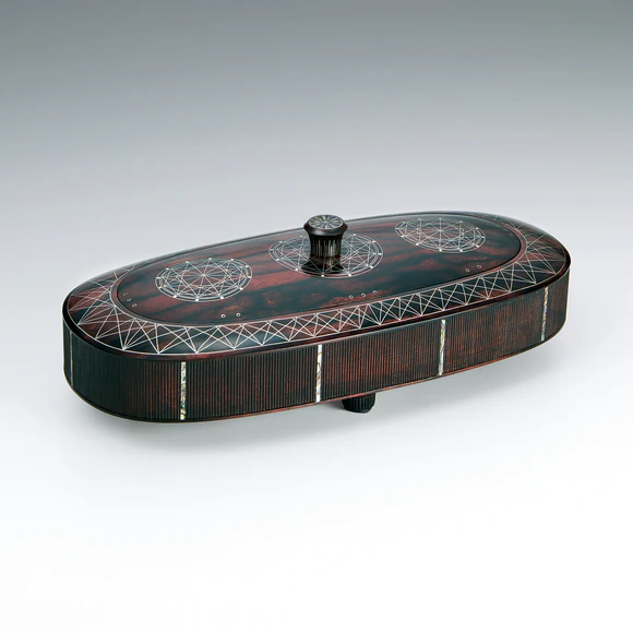 Covered Box of Black Persimmon Wood Dyed in Sappanwood Juice with Inlay Decoration