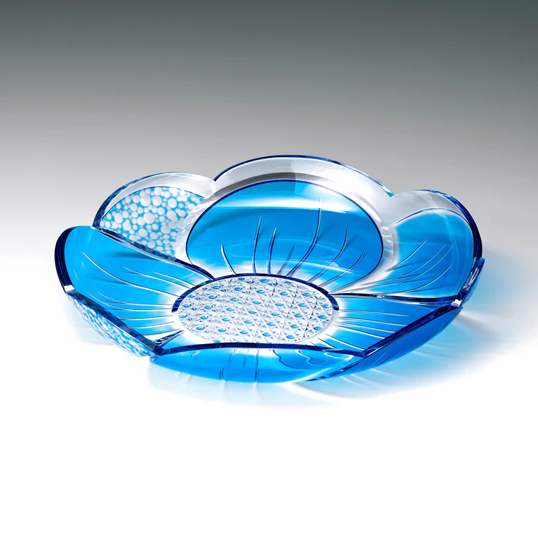 photo Color Glass Covered Cut Glass Plate "Blue Flower"